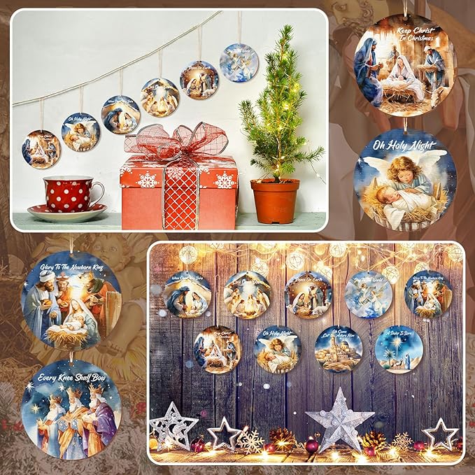 Soaoo 60 Pcs Nativity Scene Christmas Tree Ornament Christian Religious Ornaments Bulk Round Nativity Xmas Tree Hanging Wooden Decorations for Garden Yard Outdoor Home (Novel Style)