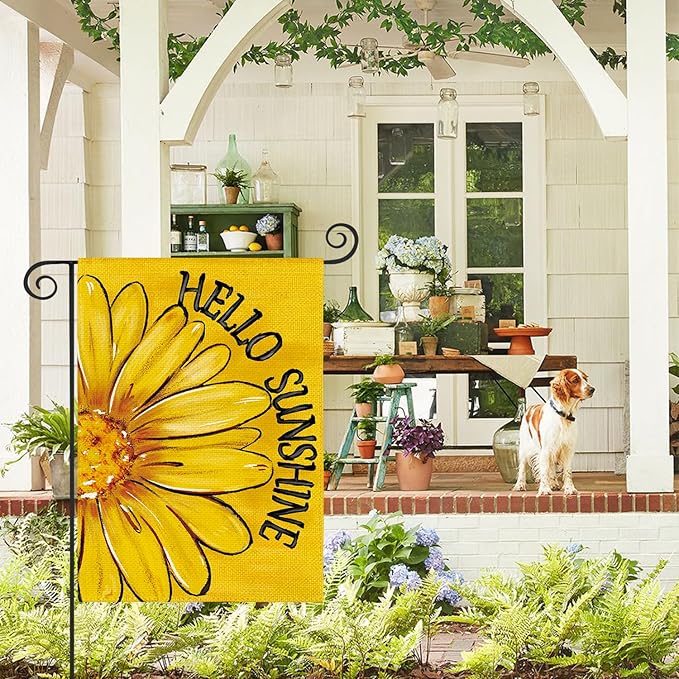 AVOIN colorlife Hello Sunshine Garden Flag 12x18 Inch Double Sided Outside, Summer Spring Floral Daisy Yard Outdoor Flag Yellow