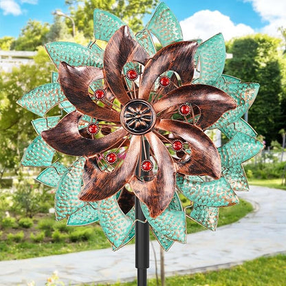 360°Metal Wind Spinners Outdoor for Garden Yard, 64" Kinetic Large Wind Spinner & Sculptures with Stable Metal Stake, Garden Windmill for Yard Lawn Patio Art Decor (Green-Brown)