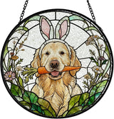 Easter Carrot Golden Retriever Stained Glass Window Hanging, Spring Flower Bunny Ear Dog Suncatcher Indoor Window Glass Round Wall Art Decor, 7.9x7.9 Inch