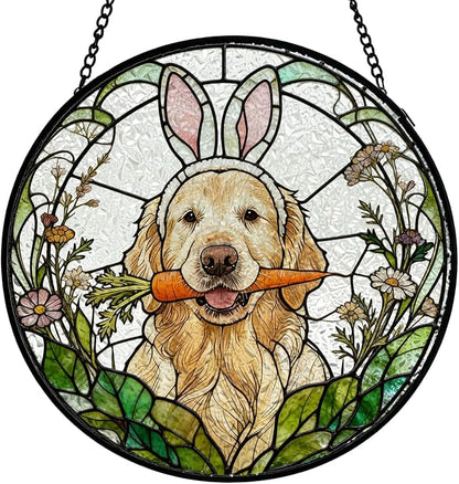 Easter Carrot Golden Retriever Stained Glass Window Hanging, Spring Flower Bunny Ear Dog Suncatcher Indoor Window Glass Round Wall Art Decor, 7.9x7.9 Inch