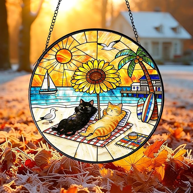 Cat Stained Glass Suncatcher Window, Cat Sun Catchers Indoor Window, Suncatcher for Mom/Women (Black & Orange)