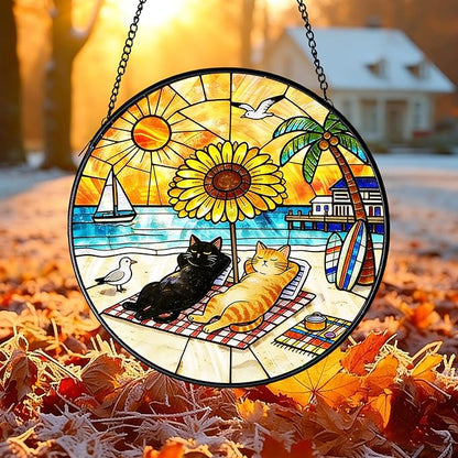 Cat Stained Glass Suncatcher Window, Cat Sun Catchers Indoor Window, Suncatcher for Mom/Women (Black & Orange)