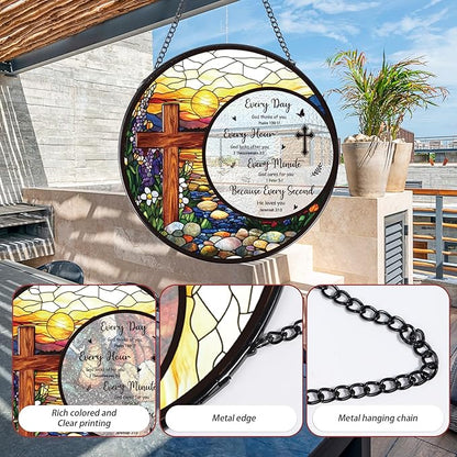 Cross Stained Glass Window Hanging, Bible Catchers Indoor Window Gifts for Grandma Mom Women Men, Christmas Wall Art Decor for Home Garden Doors