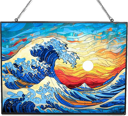 Rectangle Ocean Wave Suncatcher Stained Glass Window Hanging Handmade Stained Glass Suncatchers Metal Chain Outdoor Garden Decor Gift for Women Christmas Thanksgiving