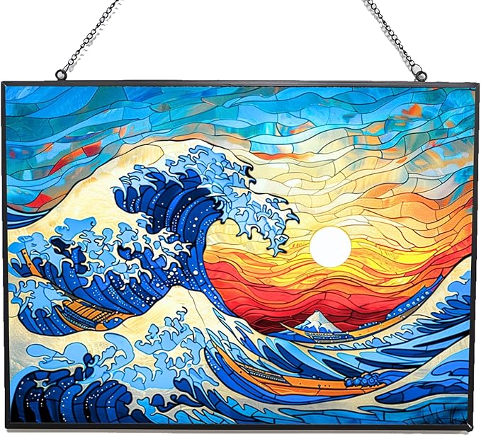 Rectangle Ocean Wave Stained Glass Suncatcher 4 Season Colorful Window Wall Ornament Hand-Painted Glass Panel Decor Gift for Women Christmas Thanksgiving Gift 15"x11"
