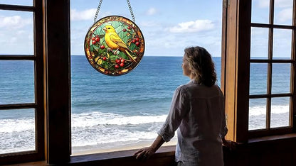 Funoasis Stained Glass Window Hanging 6.3 Inches Suncatcher - A Canary Inhabits Between Branches and Leaves with Red Fruits Ornaments Sun Catcher Home Decor Women Birthday