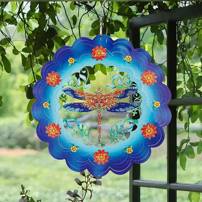 Dragonfly 3D Stainless Steel Wind Spinner - Outdoor Wind Catchers, Kinetic Hanging Ornament, 12Inch Wind Spinners for Gardens and Courtyards