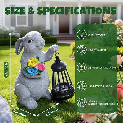 Solar Garden Statues, Resin Bunny Statue w/ Flower, Waterproof Figurine Rabbit Garden Statue for Outside Yard Outdoor Home Patio Lawn Decor, Solar Animal Lights for Adults Women Birthday Easter Gifts