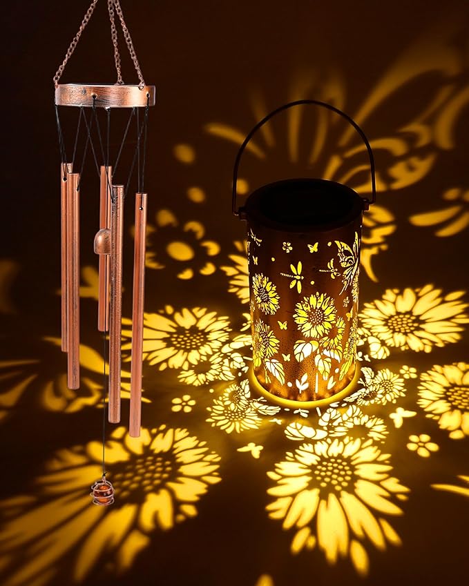 Butterfly Solar Wind Chimes - Metal Sunflower Windchimes with Lantern Outside Hanging Solar Lights Decor Gifts Garden Lawn Patio Yard Decoratoin Christmas Birthday Gift for Women Mom Grandma