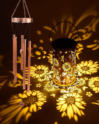 Butterfly Solar Wind Chimes - Metal Sunflower Windchimes with Lantern Outside Hanging Solar Lights Decor Gifts Garden Lawn Patio Yard Decoratoin Christmas Birthday Gift for Women Mom Grandma