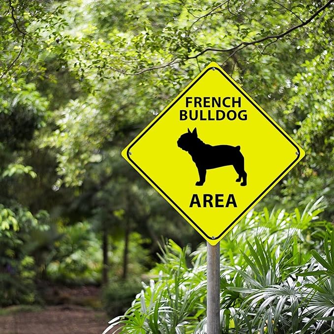 French BullDog Area Xing Caution Crossing Sign French BullDog Dog Aluminum Metal Sign Warning Sign Novelty Road Fence Yard Wall Decor For Indoor Outdoor 10x10in