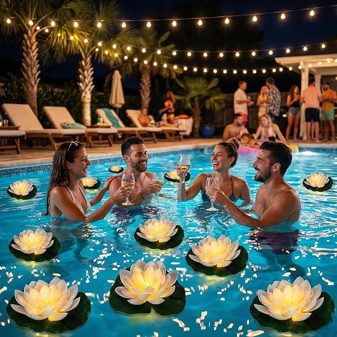12 PCS Solar Powered Floating Lotus Lights - 7.09'' Waterproof Floating Flower Light, Solar Water Activated Pool Lotus Lamp for Garden Pond Wedding Party Decoration (White)