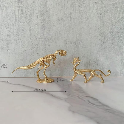 Gold Tyrannosaurus Rex Skeleton Sculpture Solid Metal Animal Ornament Mini Animal Figurine for Home Office Garden Desktop Decor