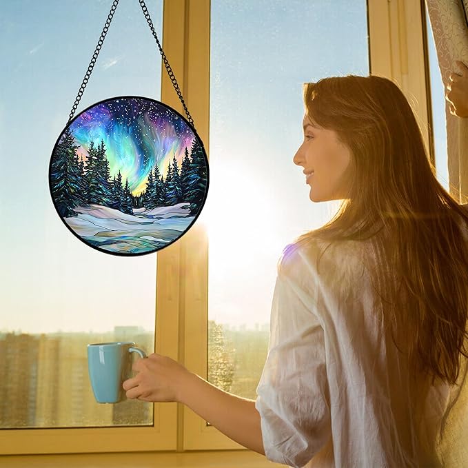 DASTOLL Stained Glass Window Hanging, Aurora Landscape Sun Catchers Glass Panel Green Trees Suncatcher Decor for Birthday for Women, Men, Wife, Aunt, and Mom 7.8 in
