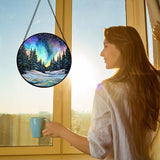DASTOLL Stained Glass Window Hanging, Aurora Landscape Sun Catchers Glass Panel Green Trees Suncatcher Decor for Birthday for Women, Men, Wife, Aunt, and Mom 11.8x11.8 in