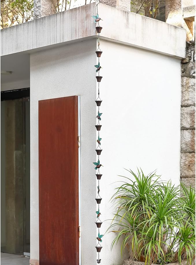 8.5FT Rain Chain, Hummingbird and Cup Rain Chains for Gutters and Downspouts, Metal Decorative Rainwater Catcher Chain, Antique Copper Rain Gutter Downspout Chains for Outside Garden