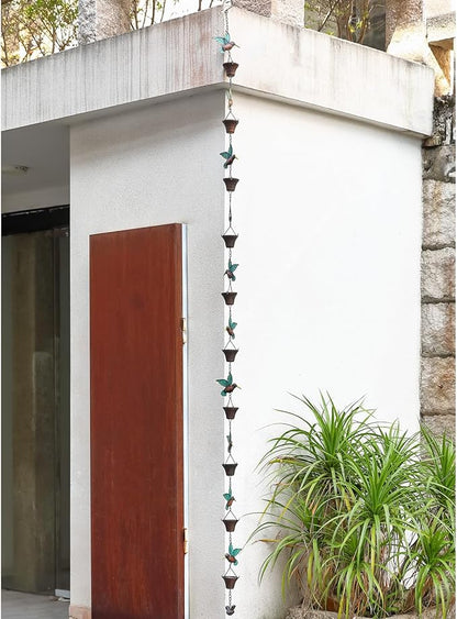 8.5FT Rain Chain, Hummingbird and Cup Rain Chains for Gutters and Downspouts, Metal Decorative Rainwater Catcher Chain, Antique Copper Rain Gutter Downspout Chains for Outside Garden