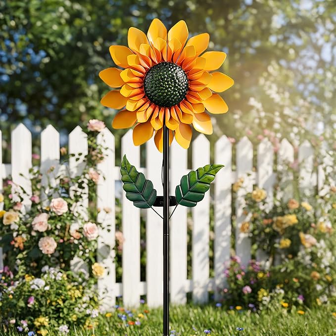 Sunflower Solar Wind Spinners for Yard and Garden - 52" Metal Windmill Ligths with LED Wind Sculptures with Stake for Lawn Patio Decor