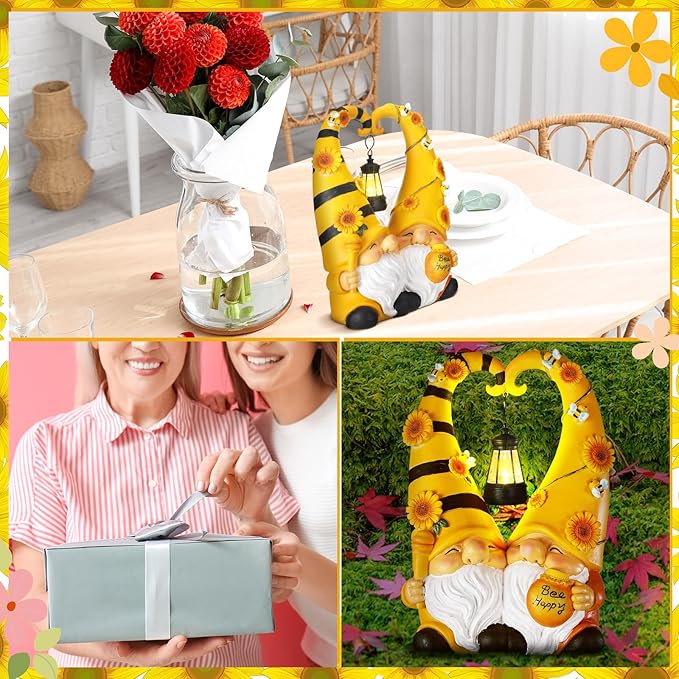 Kathfly Solar Spring Gnome Statue 11.8 Inches Garden Resin Sunflower Bee Gnome Statue with Solar Lights Double Cute Gnomes Statues for Mother' Day Birthday Gift Yard Patio Lawn Porch Decor