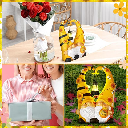 Kathfly Solar Spring Gnome Statue 11.8 Inches Garden Resin Sunflower Bee Gnome Statue with Solar Lights Double Cute Gnomes Statues for Mother' Day Birthday Gift Yard Patio Lawn Porch Decor