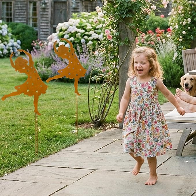 Therwen Rusty Metal Girl Dancer Garden Stake 24'' H Rusty Fairy Sculpture Yard Stake Large Whimsical Dancing Girl Silhouette for Lawn Garden Yard Patio Outdoor Primitive Decor