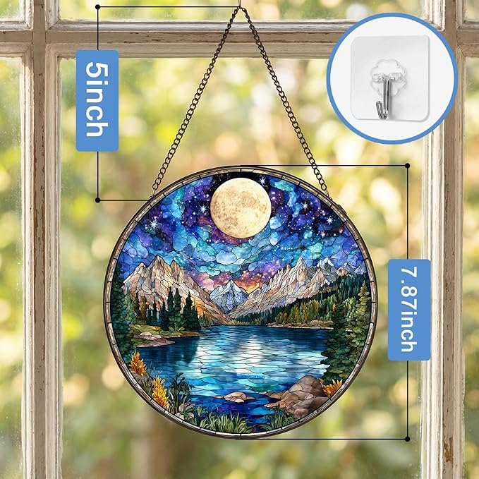 Stained Glass Sun Catcher Window Hanging - Sunset Mountains Lake Tree Design, Indoor Decor Gifts for Mother's Day, Birthday, Christmas - Perfect for Women, Men, Mom Home Window Decor (Blue) 7.8 in