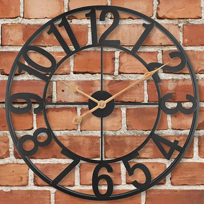 Outdoor Clock for Patio, Silent Non-Ticking Battery Operated Black Metal Outdoor Wall Clock with Large Arabic Numerals, Vintage Farmhouse Decorative Clock Pool, Garden, Porch, Living Room – 14 Inch