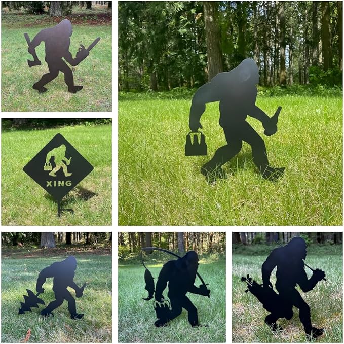 2025 Funny Bigfoot Garden Stake Metal Sign Art Yard Animal Decoration, Various Metal Sasquatch Black Big Foot Sculpture Outdoor Silhouette Statues for Garden Yard Patio Lawn (Chain Saw Ax)