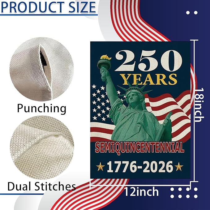 250th Anniversary USA Patriotic Garden Flag 12x18 Inch, Double Sided Weatherproof Yard Banner with Statue of Liberty & American Flag Design, 1776-2026 Commemorative Garden Flag for Outdoor Decor