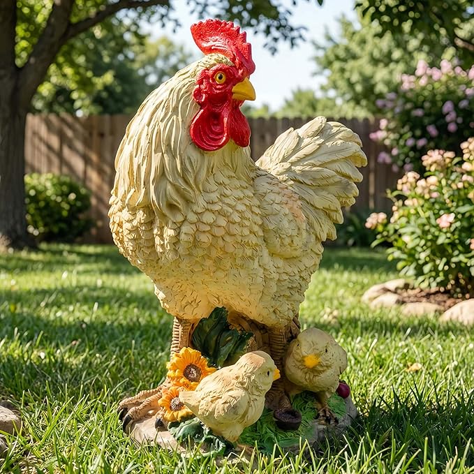 11.5" Chicken Bird Statue - Rustic Home Accents, Realistic Animal Sculptures, Resin Figurines, Yard Art, Funny Farm Sculpture, Garden Decor