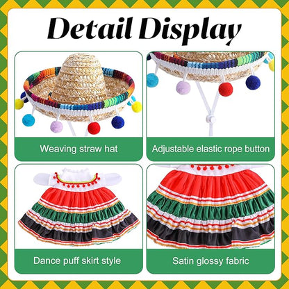 Watayo 2 Pcs/Set Mexican Porch Goose Outfits, Lawn Goose Clothing Costume for Cinco De Mayo, Garden Goose Clothes Striped Dress Mexican Sombrero for 23" High Statue Outdoor Patio Yard Decor (A Style)