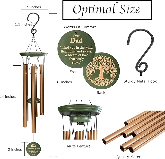 Memorial Wind Chime for Loss of Dad, 31" Wooden Sympathy Wind Chime for Outside, in Memory Bereavement Condolences Remembrance Sympathy Gift for Funeral, Sentimental Memorial Gift for Family