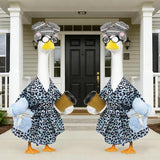Lady Porch Goose Outfits,Bathrobe Porch Goose Statue Costume with Curlers Reading Glasses Coffee Cup Towel,Cute Goose Clothes for 23-Inch Cement Statue,Lawn Yard Garden Patio Decor（Leopard Print 02）