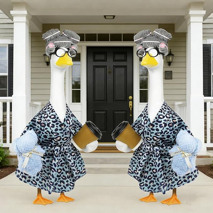 Lady Porch Goose Outfits,Bathrobe Porch Goose Statue Costume with Curlers Reading Glasses Coffee Cup Towel,Cute Goose Clothes for 23-Inch Cement Statue,Lawn Yard Garden Patio Decor（Leopard Print 02）