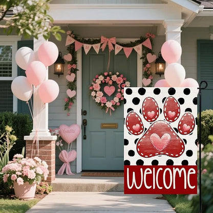 Valentines Garden Flag 12x18 Inch, Paw Print Heart Double Sided Flag for Anniversary Wedding Yard Outdoor Decoration