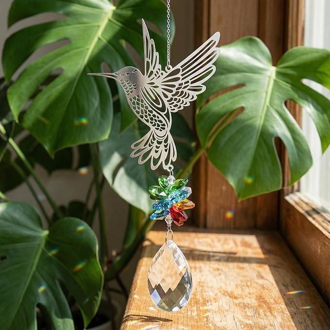 Sun Catcher Crystal Hummingbird,Indoor Window Suncatcher, Hanging Crystal Decor Creates Rainbows, Hummingbird Wall Art, Bird Deterrent Garden Gift.