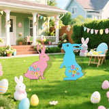 Metal Easter Bunny Yard Sign - 2 Pack Colorful Easter Bunny Lawn Stakes with 3D Flowers Spring Garden Decorations for Outdoor Easter Decor