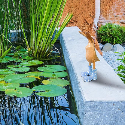 Wooden Crafted Duck Figurine with Spotty Wellies Funny Standing Duck Statues Decorative Resin Rain Boot Animal Sculpture Collectible Crafts Waterproof Garden Lawn Ornament (Blue, 5.9Inch)