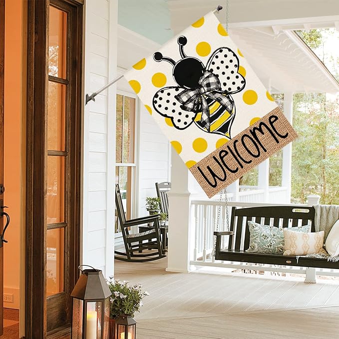AVOIN colorlife Summer Polka Dot Bee Welcome House Flag 28x40 Inch Double Sided Outside, Seasonal Holiday Burlap Yard Outdoor Decoration