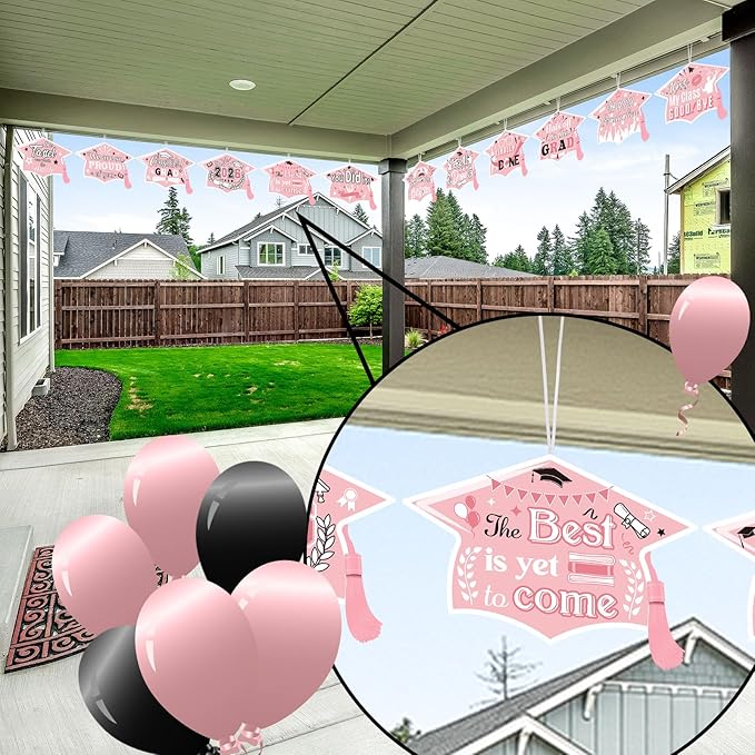 Chunful 12 Pack Graduation Yard Signs Grad Decoration 2026 Happy Graduate Lawn Garden Sign with Stake Congrats Outdoor Plastic Cap Hanging Ornament for Class Pathway Walkway Porch Party(Pink White)