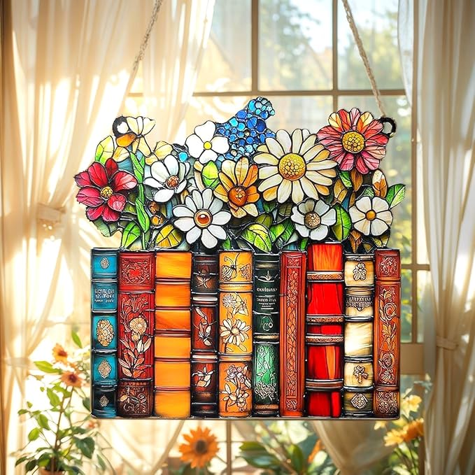 Stack of Book Acrylic Suncatcher, Bookish Suncatchers for Window Hanging Ornament, Art Garden Decor for Book Lover Reader Bookworm, Gifts for Mother's Day, Mom, Grandma, Wife, Women, Nana