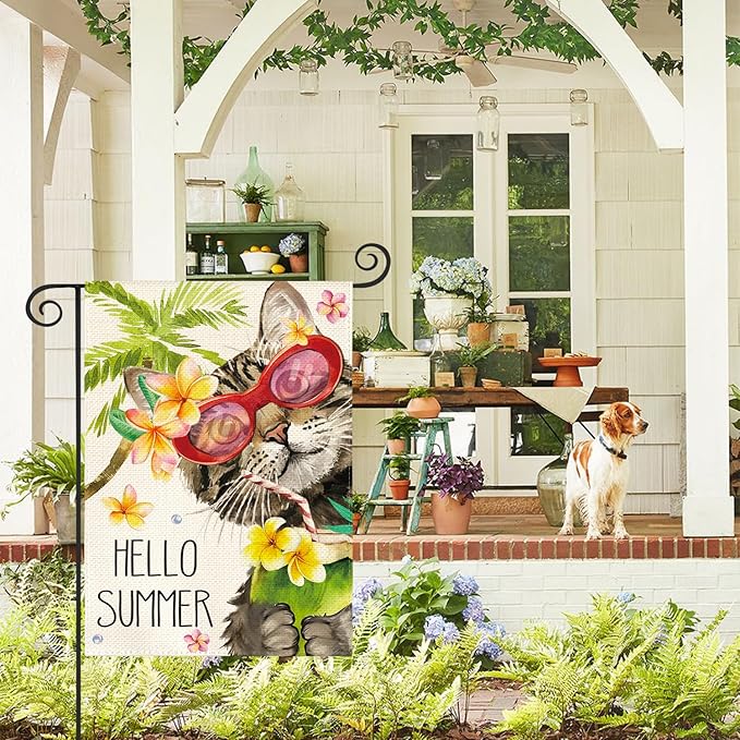 AVOIN colorlife Hello Summer Floral Cat Garden Flag 12x18 Inch Double Sided Outside, Party Holiday Burlap Yard Outdoor Decoration