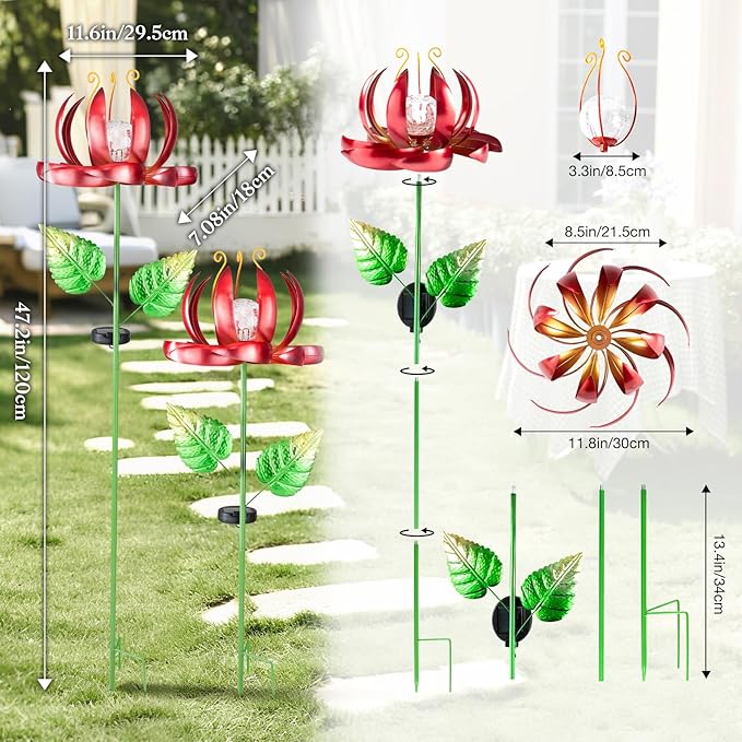 Solar Yard Lights Wind Spinners- Metal Lotus Flower Garden Decor LED Crackle Glass Globe Yard Art Sculpture Solar Stake Lights for Patio Pathway Lawn Walkway (Red-Large)