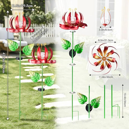 Solar Yard Lights Wind Spinners- Metal Lotus Flower Garden Decor LED Crackle Glass Globe Yard Art Sculpture Solar Stake Lights for Patio Pathway Lawn Walkway (Red-Large)