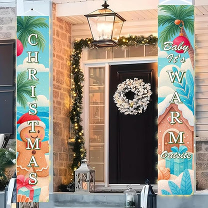 BlissYard Tropical Christmas Porch Banners 12x71 Inch Merry Christmas Door Banner Beach Gingerbread Man House Poinsettia Decor Xmas Welcome Hanging Signs Warm Weather Holiday Home Decor for Front Door Party Outdoor Decoration