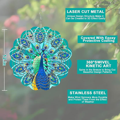 Wind Spinner Mandala 12 inch 3D Stainless Steel Laser Cut Metal Art Geometric Pattern Hanging Wind Spinner (Peacock)