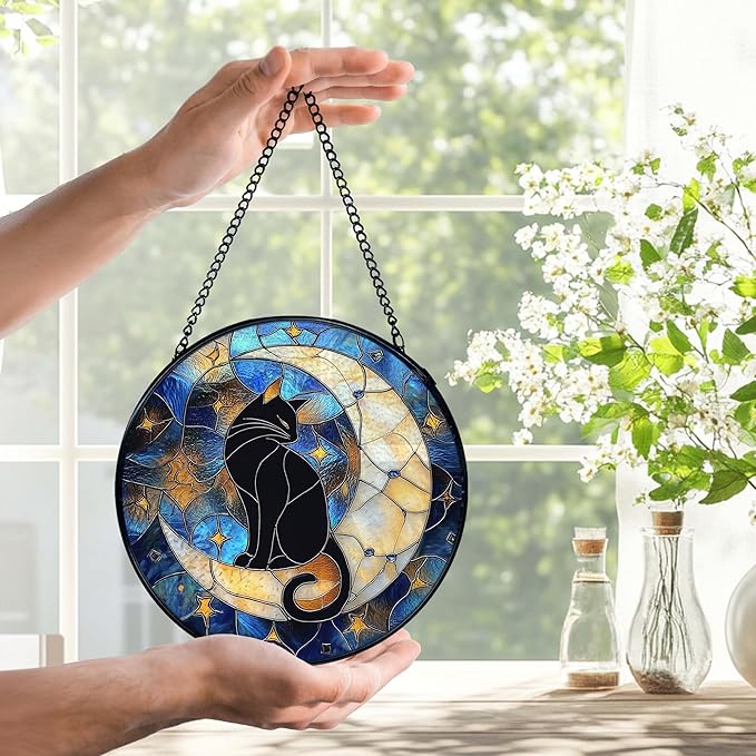 Cat Suncatcher, Black Cat on Moon Suncatchers Stained Glass Window Hanging, Celestial Moon and Star Sun Catchers Indoor Window Glass Round Wall Decor, 7.9x7.9in