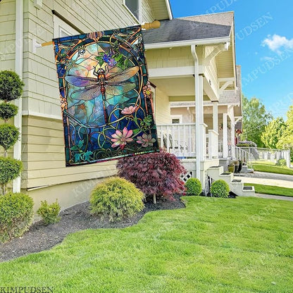 Stained Glass Dragonfly House Flag Spring Summer Yard Flag Floral Decorative Flags for Outside 28x40 Double Sided Large Seasonal Garden Flags Outdoor Indoor Yard Garden Decor