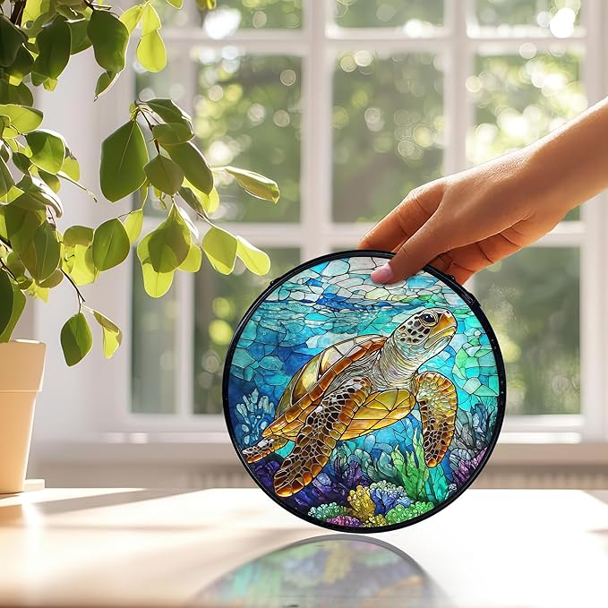 Coastal Beach Sea Turtle Suncatchers Stained Glass Window Hanging, Sea Turtle Decor Sun Catchers Indoor Window Glass Round Wall Decor, Ocean Beachy Wall Hanging Decorations, 7.9x7.9in